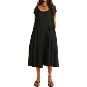image:imageRVivimos Womens 2026 Summer Cotton Midi Dress Casual Short Sleeve Loose Flowy Beach Long Dress with PocketsBlack