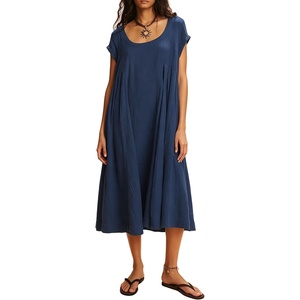 image:imageRVivimos Womens 2026 Summer Cotton Midi Dress Casual Short Sleeve Loose Flowy Beach Long Dress with PocketsNavy Blue