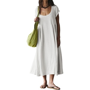image:imageRVivimos Womens 2026 Summer Cotton Midi Dress Casual Short Sleeve Loose Flowy Beach Long Dress with PocketsWhite