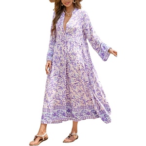 image:imageRVivimos Womens Boho Floral Print Midi Dress 2026 Long Sleeve V Neck Button Up Casual Loose Flowy Beach Long DressesPurple