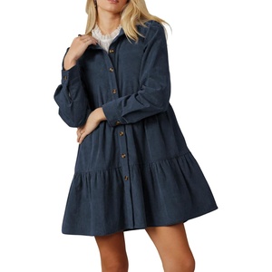 image:imageRVivimos Womens Fall Corduroy Dress 2026 Long Sleeve Button Down Tunic Mini Babydoll Dress with PocketsNavy Blue