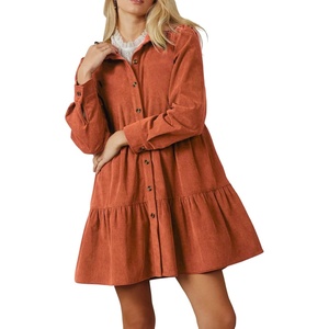 image:imageRVivimos Womens Fall Corduroy Dress 2026 Long Sleeve Button Down Tunic Mini Babydoll Dress with PocketsRust