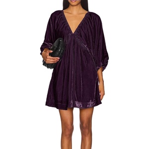 image:imageRVivimos Womens Fall Velvet Tunic Dress 2026 Trendy Sexy Deep V Neck 34 Sleeve Elastic Waist Loose Mini Dress with PocketsDark Purple