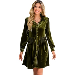 image:imageRVivimos Womens Fall Winter Velvet Button Down Mini Dress 2026 Long Sleeve Casual Swing Flowy Shirt DressArmy Green