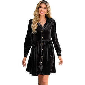 image:imageRVivimos Womens Fall Winter Velvet Button Down Mini Dress 2026 Long Sleeve Casual Swing Flowy Shirt DressBlack