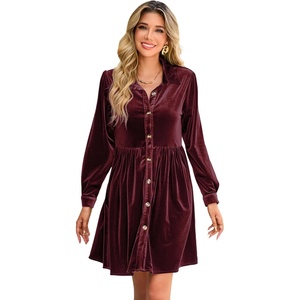 image:imageRVivimos Womens Fall Winter Velvet Button Down Mini Dress 2026 Long Sleeve Casual Swing Flowy Shirt DressBurgundy