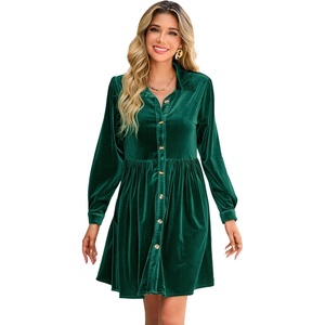 image:imageRVivimos Womens Fall Winter Velvet Button Down Mini Dress 2026 Long Sleeve Casual Swing Flowy Shirt DressDark Green