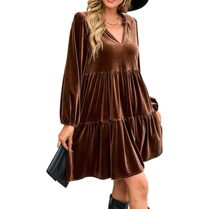 image:imageRVivimos Womens Fall Winter Velvet Tunic Dress 2026 Long Sleeve V Neck Casual Loose Tiered Ruffle Mini DressBrown