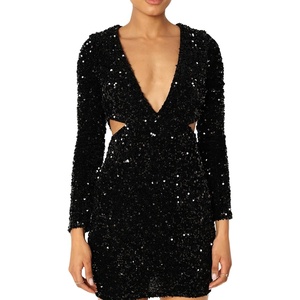 image:imageRVivimos Womens Glitter Sequin Party Dresses Fall Winter Long Sleeve Sexy Deep V Neck Cut Out Sparkly Club Velvet Mini DressBlack
