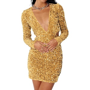 image:imageRVivimos Womens Glitter Sequin Party Dresses Fall Winter Long Sleeve Sexy Deep V Neck Cut Out Sparkly Club Velvet Mini DressGold
