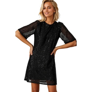image:imageRVivimos Womens Loose Party Sparkly Sequin Dress Short Sleeve Back Button Crew Neck Glitter Mini Shift Dress ClubwearBlack