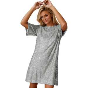 image:imageRVivimos Womens Loose Party Sparkly Sequin Dress Short Sleeve Back Button Crew Neck Glitter Mini Shift Dress ClubwearSilver