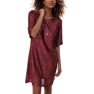 image:imageRVivimos Womens Loose Party Sparkly Sequin Dress Short Sleeve Back Button Crew Neck Glitter Mini Shift Dress ClubwearWinered