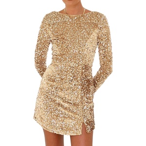 image:imageRVivimos Womens Sequin Bodycon Dress Fall Winter Velvet Warm Long Sleeve Crew Neck Sexy Backless Glitter Slit Mini DressChampagne