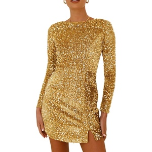 image:imageRVivimos Womens Sequin Bodycon Dress Fall Winter Velvet Warm Long Sleeve Crew Neck Sexy Backless Glitter Slit Mini DressGold