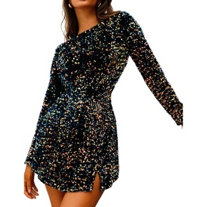 image:imageRVivimos Womens Sequin Bodycon Dress Fall Winter Velvet Warm Long Sleeve Crew Neck Sexy Backless Glitter Slit Mini DressNavyblue