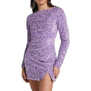 image:imageRVivimos Womens Sequin Bodycon Dress Fall Winter Velvet Warm Long Sleeve Crew Neck Sexy Backless Glitter Slit Mini DressPurple