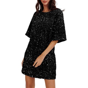 image:imageRVivimos Womens Sparkly Sequin Party Dress Fall Winter Short Sleeve Crew Neck Velvet Loose Elegant Backless Mini DressBlack