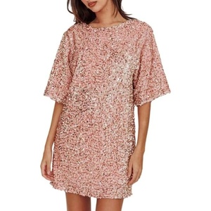 image:imageRVivimos Womens Sparkly Sequin Party Dress Fall Winter Short Sleeve Crew Neck Velvet Loose Elegant Backless Mini DressPink