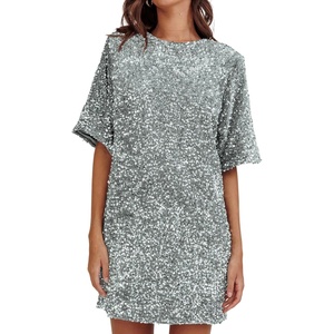 image:imageRVivimos Womens Sparkly Sequin Party Dress Fall Winter Short Sleeve Crew Neck Velvet Loose Elegant Backless Mini DressSilver