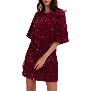 image:imageRVivimos Womens Sparkly Sequin Party Dress Fall Winter Short Sleeve Crew Neck Velvet Loose Elegant Backless Mini DressWinered