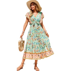 image:imageRVivimos Womens Summer 2026 Boho Floral Print V Neck Short Sleeve Drawstring Tie Casual Flowy Midi DressAqua