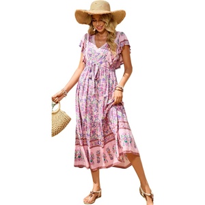 image:imageRVivimos Womens Summer 2026 Boho Floral Print V Neck Short Sleeve Drawstring Tie Casual Flowy Midi DressPink