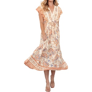 image:imageRVivimos Womens Summer 2026 Boho Floral Print V Neck Short Sleeve Drawstring Tie Casual Flowy Midi DressWhite