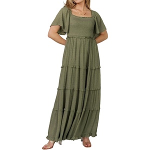 image:imageRVivimos Womens Summer 2026 Maxi Dress Short Sleeve Square Neck Elastic Smocked Swiss Dots Casual ALine Flowy Long DressesArmy Green