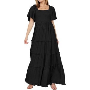image:imageRVivimos Womens Summer 2026 Maxi Dress Short Sleeve Square Neck Elastic Smocked Swiss Dots Casual ALine Flowy Long DressesBlack