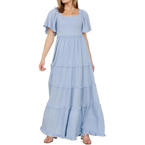 image:imageRVivimos Womens Summer 2026 Maxi Dress Short Sleeve Square Neck Elastic Smocked Swiss Dots Casual ALine Flowy Long DressesSky Blue