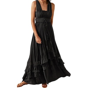 image:imageRVivimos Womens Summer Boho Maxi Dress 2026 Sleeveless Elastic Waist Layered Backless Beach Flowy Long DressBlack