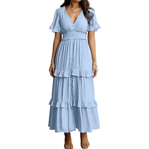 image:imageRVivimos Womens Summer Button Down Maxi Dress 2026 Casual Short Sleeve V Neck Elastic Waist Ruffle Tiered Flowy Long DressSky Blue