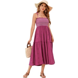 image:imageRVivimos Womens Summer Cotton Boho Midi Dress 2026 Spaghetti Strap Floral Embroidered Smocked Tiered Flowy Long DressesFuchsia