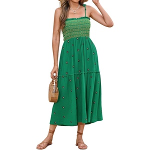 image:imageRVivimos Womens Summer Cotton Boho Midi Dress 2026 Spaghetti Strap Floral Embroidered Smocked Tiered Flowy Long DressesGreen