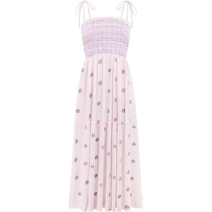 image:imageRVivimos Womens Summer Cotton Boho Midi Dress 2026 Spaghetti Strap Floral Embroidered Smocked Tiered Flowy Long DressesLight Pink