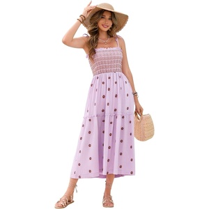 image:imageRVivimos Womens Summer Cotton Boho Midi Dress 2026 Spaghetti Strap Floral Embroidered Smocked Tiered Flowy Long DressesLight Purple