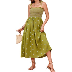 image:imageRVivimos Womens Summer Cotton Boho Midi Dress 2026 Spaghetti Strap Floral Embroidered Smocked Tiered Flowy Long DressesOlive Green