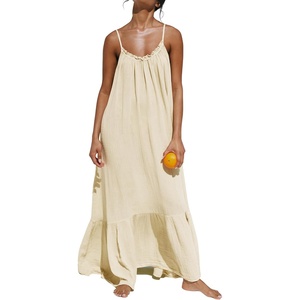 image:imageRVivimos Womens Summer Cotton Maxi Dress Adjustable Spaghetti Strap Boho Casual Backless Ruffle Loose Fit Flowy DressBeige