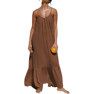 image:imageRVivimos Womens Summer Cotton Maxi Dress Adjustable Spaghetti Strap Boho Casual Backless Ruffle Loose Fit Flowy DressBrown