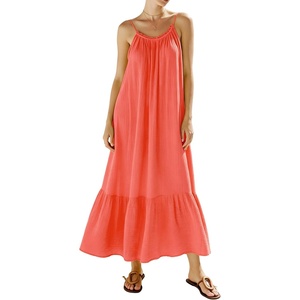 image:imageRVivimos Womens Summer Cotton Maxi Dress Adjustable Spaghetti Strap Boho Casual Backless Ruffle Loose Fit Flowy DressCoral Orange