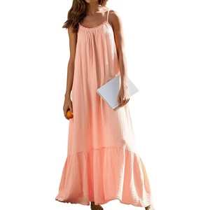 image:imageRVivimos Womens Summer Cotton Maxi Dress Adjustable Spaghetti Strap Boho Casual Backless Ruffle Loose Fit Flowy DressPeachfuzz