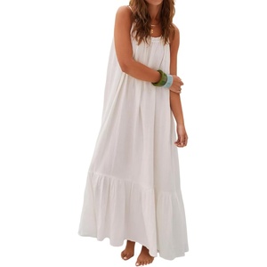 image:imageRVivimos Womens Summer Cotton Maxi Dress Adjustable Spaghetti Strap Boho Casual Backless Ruffle Loose Fit Flowy DressWhite