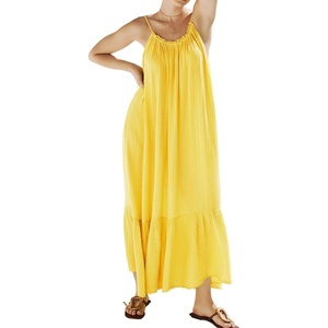 image:imageRVivimos Womens Summer Cotton Maxi Dress Adjustable Spaghetti Strap Boho Casual Backless Ruffle Loose Fit Flowy DressYellow