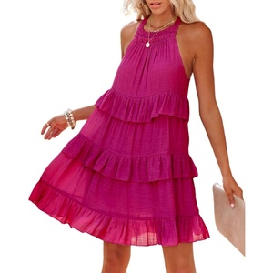 image:imageRVivimos Womens Summer Dress Boho Sleeveless Halter Layered Ruffle Casual Swing Mini Dress with PocketsHotpink