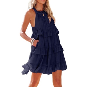 image:imageRVivimos Womens Summer Dress Boho Sleeveless Halter Layered Ruffle Casual Swing Mini Dress with PocketsNavyblue
