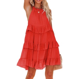 image:imageRVivimos Womens Summer Dress Boho Sleeveless Halter Layered Ruffle Casual Swing Mini Dress with PocketsOrange