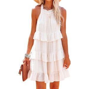 image:imageRVivimos Womens Summer Dress Boho Sleeveless Halter Layered Ruffle Casual Swing Mini Dress with PocketsWhite