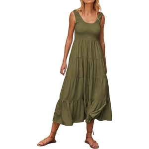 image:imageRVivimos Womens Summer Linen Tank Midi Dress 2026 Sleeveless Elastic Smocked ALine Tiered Boho Casual Flowy Beach SundressArmygreen2