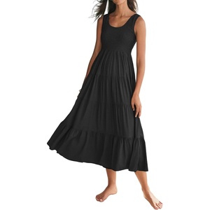 image:imageRVivimos Womens Summer Linen Tank Midi Dress 2026 Sleeveless Elastic Smocked ALine Tiered Boho Casual Flowy Beach SundressBlack2